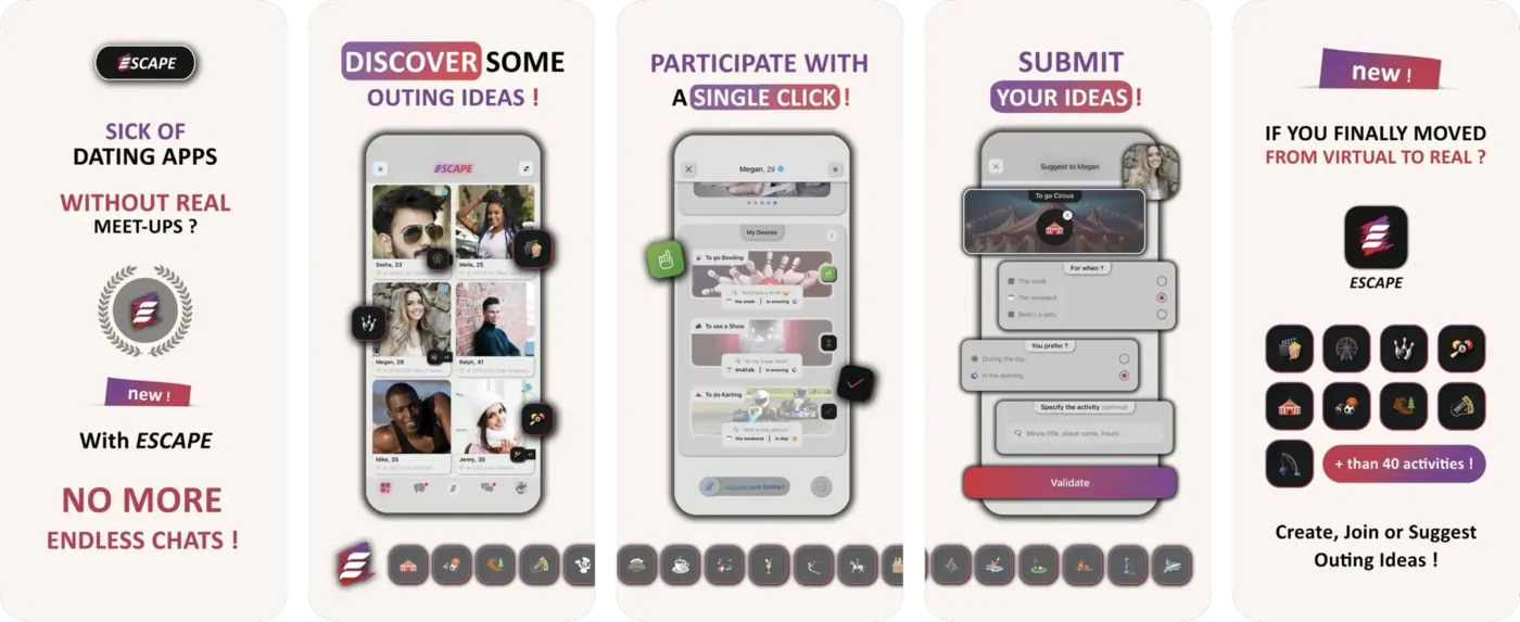 Screenshot of the Escape app: choose an activity, join an idea or propose an outing to meet new people directly